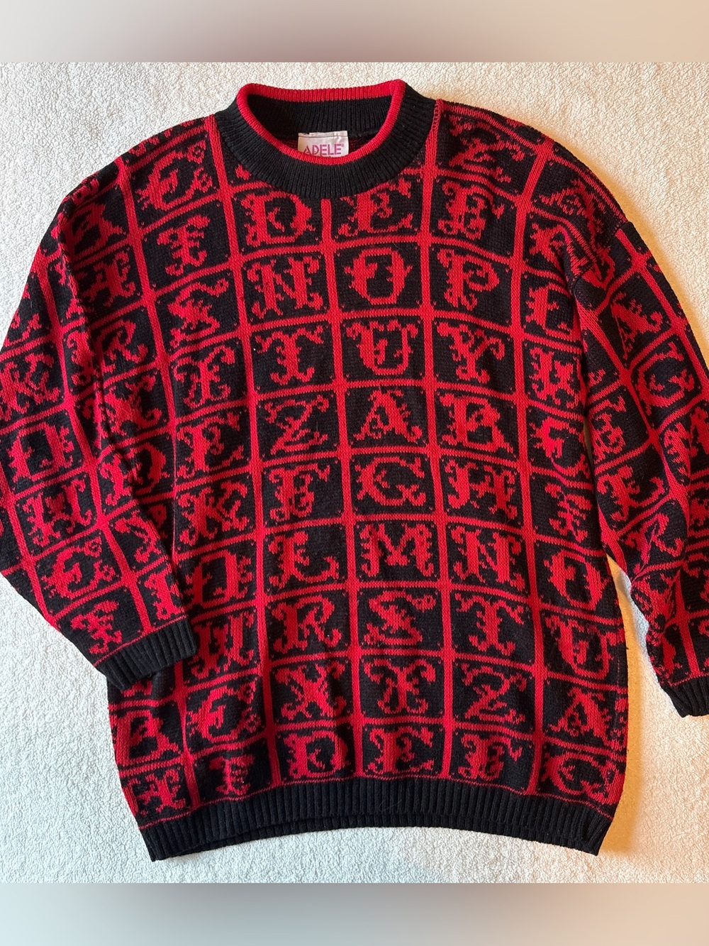 Vintage Adele Knitwear Alphabet Cursive Print Sweater, womenโs large. Red Black